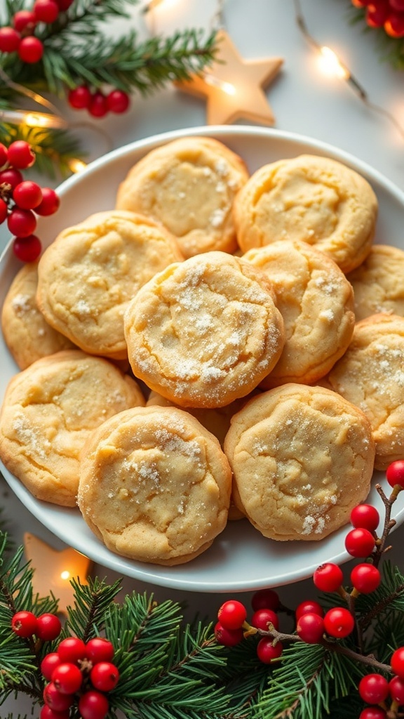Quick and Easy 3-Ingredient Christmas Cookies A festive plate of 3-ingredient Christmas cookies, golden brown, with holiday decorations.